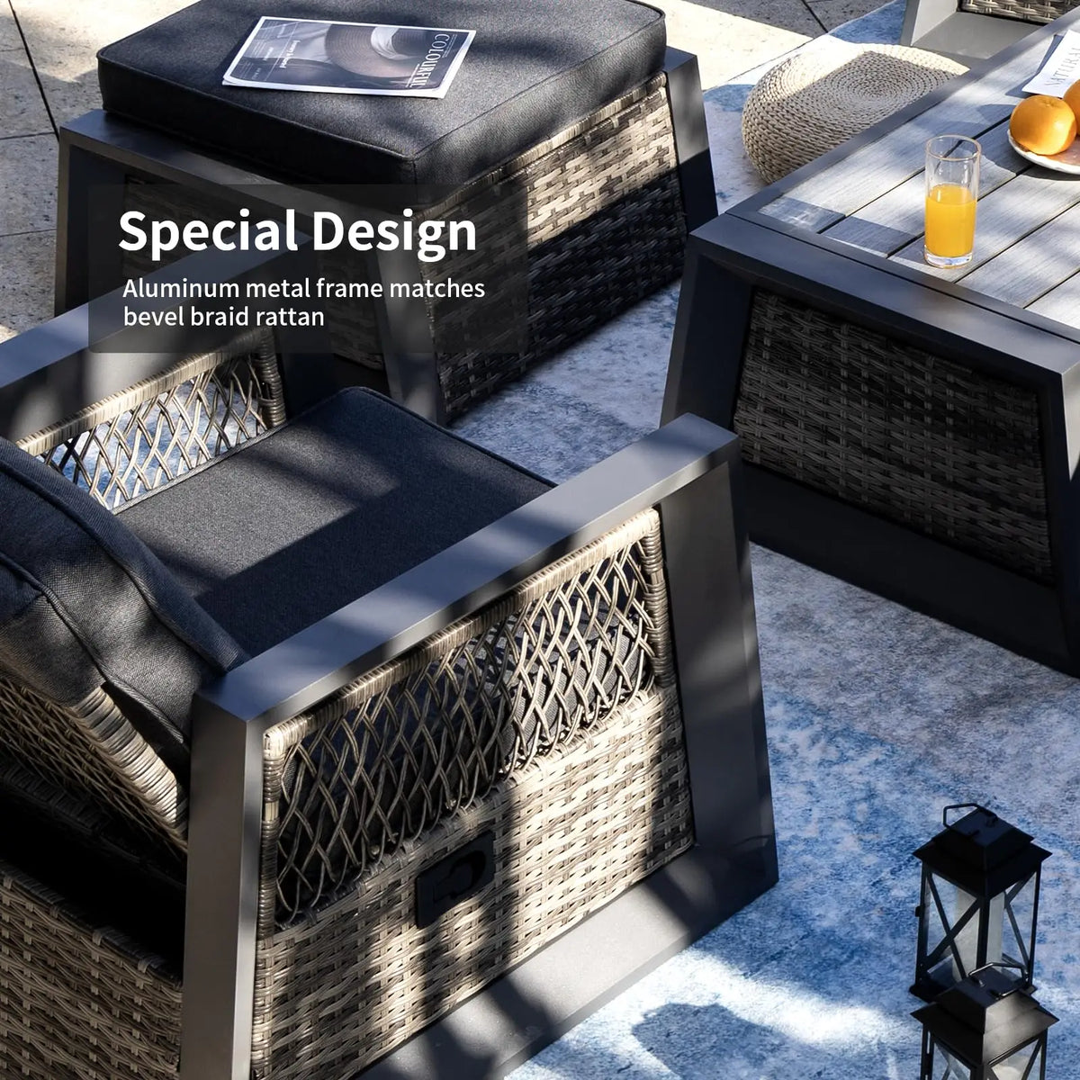 Aluminum Patio Furniture Modern Outdoor Sofa Rattan Garden Sofa with Storage Coffee Table (Grey)