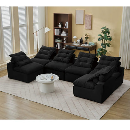 Modular black sofa with 6 seats, no armrests, DIY at will, corduroy fabric, neck pillow, rear porch sofa chair