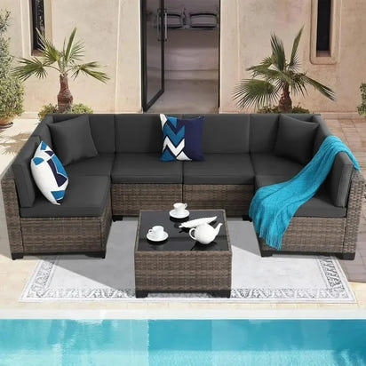 Brown Rattan Sectional Sofa Set with Cushions and Coffee Table for Outdoor Patio