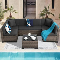 Brown Rattan Sectional Sofa Set with Cushions and Coffee Table for Outdoor Patio