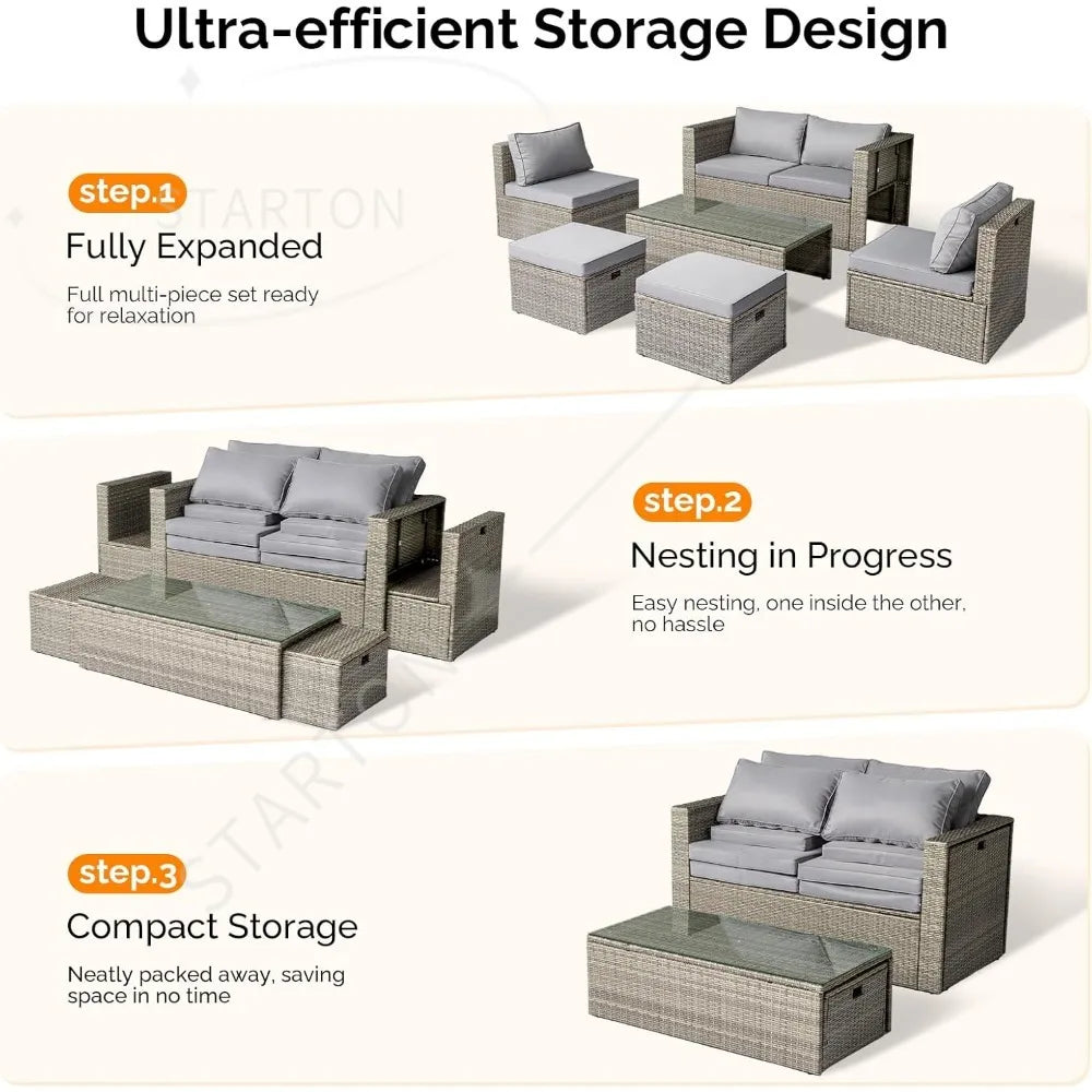 6-Piece Outdoor Wicker Sectional Furniture Set ，Space-Saving Design and Ottomans for Patio Conversation Area