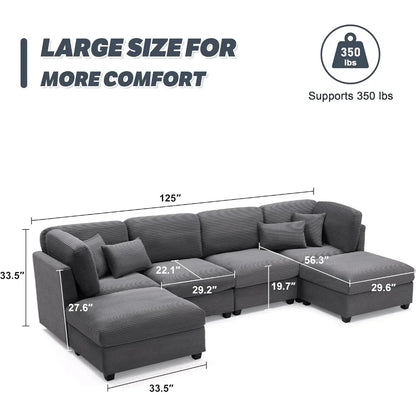 125-inch Extra-large Corduroy Modular Sofa, U-shaped Modular Sofa with Storage Space, 6-seat Convertible Corduroy Sofa