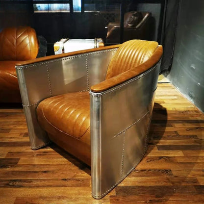 American Vintage Distressed Leather Armchair Hotel Sofa Accent Chair Aluminium Armrest Loft Aviation Chairs Aviation Furniture
