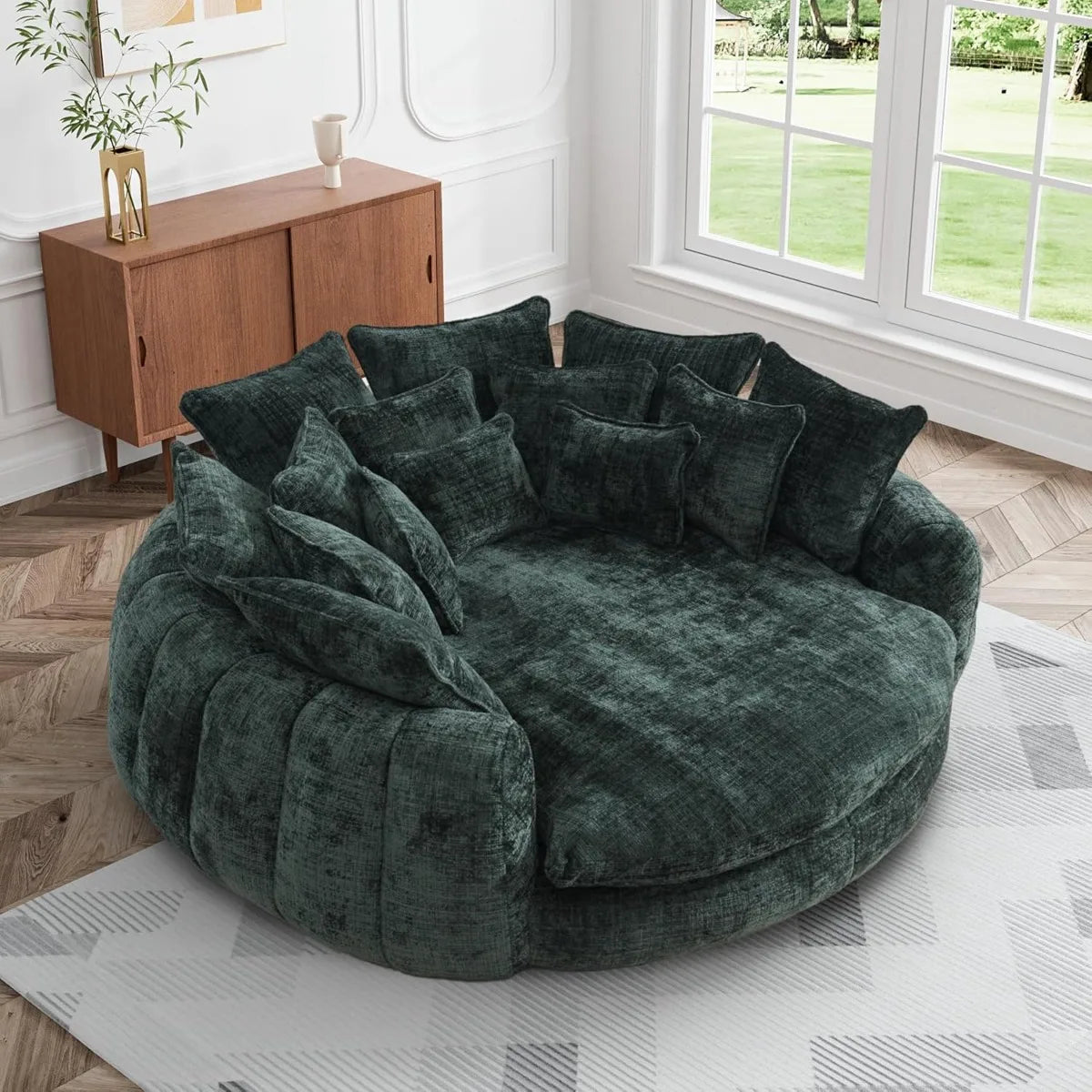 81" Round Bean Bag Chaise Lounge, Plush Sofa Includes 14 Pillows, Emerald