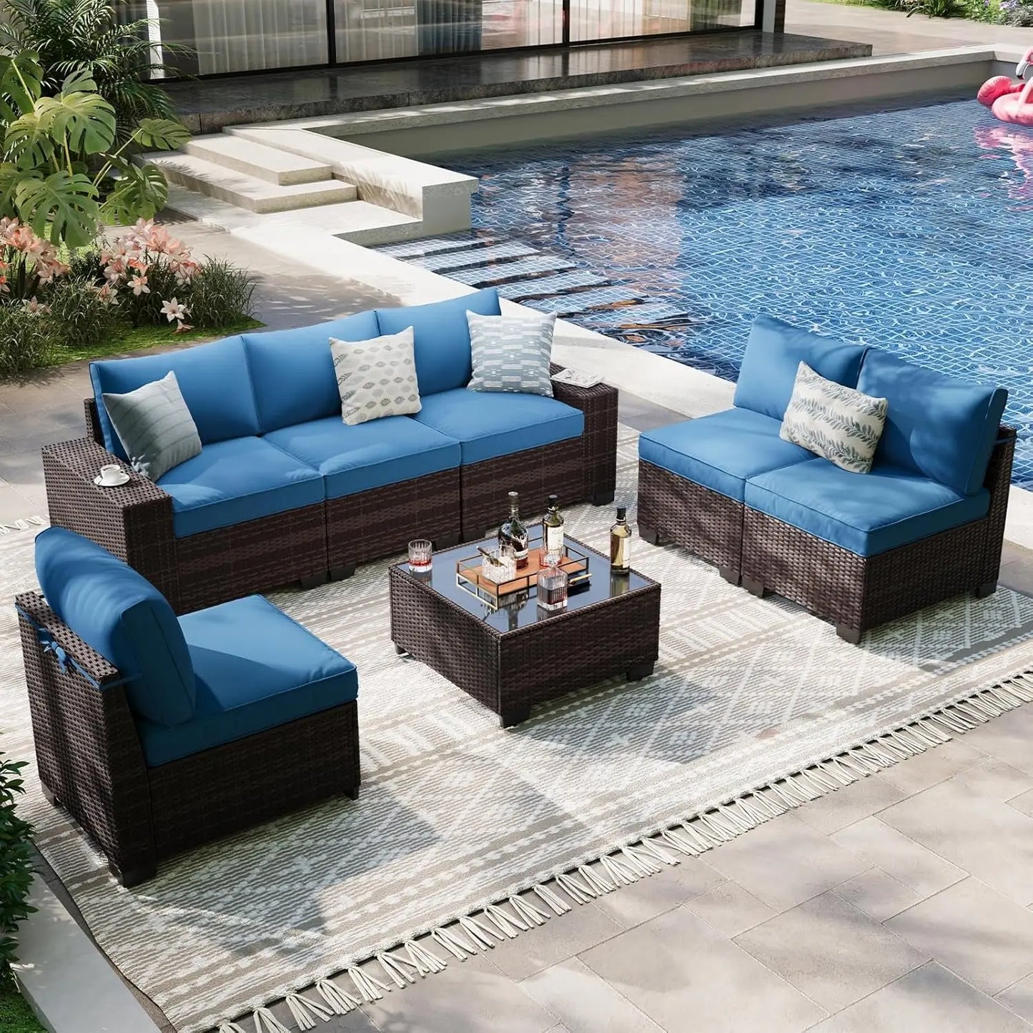 7 Pieces Outdoor Patio Furniture Set, Outdoor Sectional Furniture Set, All-Weather PE Rattan Wicker Sofa with, Customized