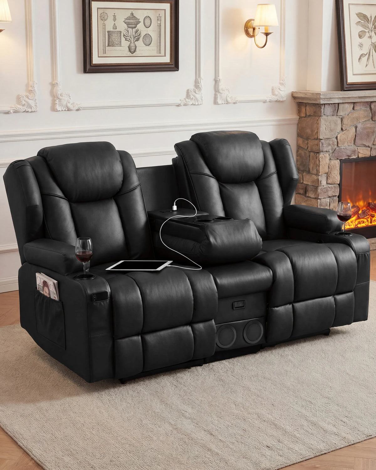 Redlife Loveseat Recliner Sofa with Console,Manual Pull Reclining Couch,Heating & Massage,USB & Power Outlet,Home Theater&RV