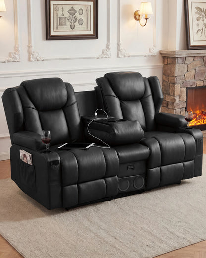 Redlife Loveseat Recliner Sofa with Console,Manual Pull Reclining Couch,Heating & Massage,USB & Power Outlet,Home Theater&RV