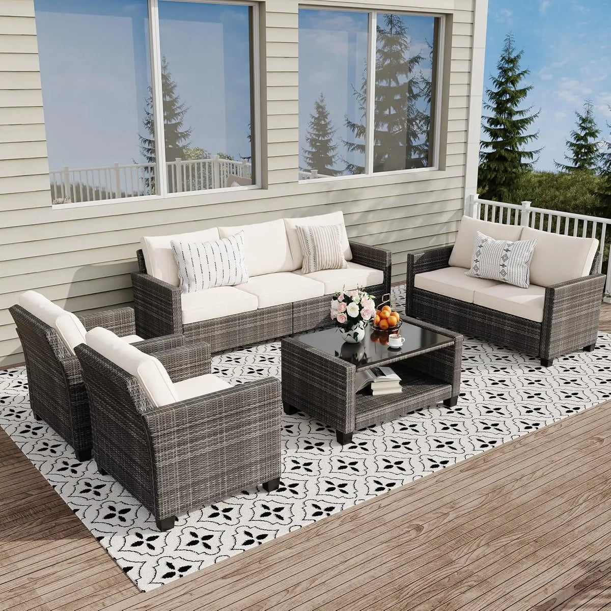 5 Piece Outdoor Patio Furniture Set with Coffee Table, Rattan Deck Conversation Sofa Set, All-Weather Sectional Rattan Sofa with