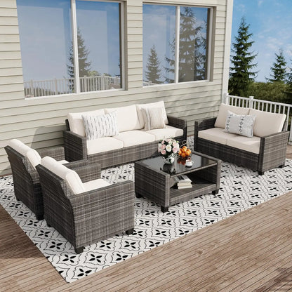 5 Piece Outdoor Patio Furniture Set with Coffee Table, Rattan Deck Conversation Sofa Set, All-Weather Sectional Rattan Sofa with