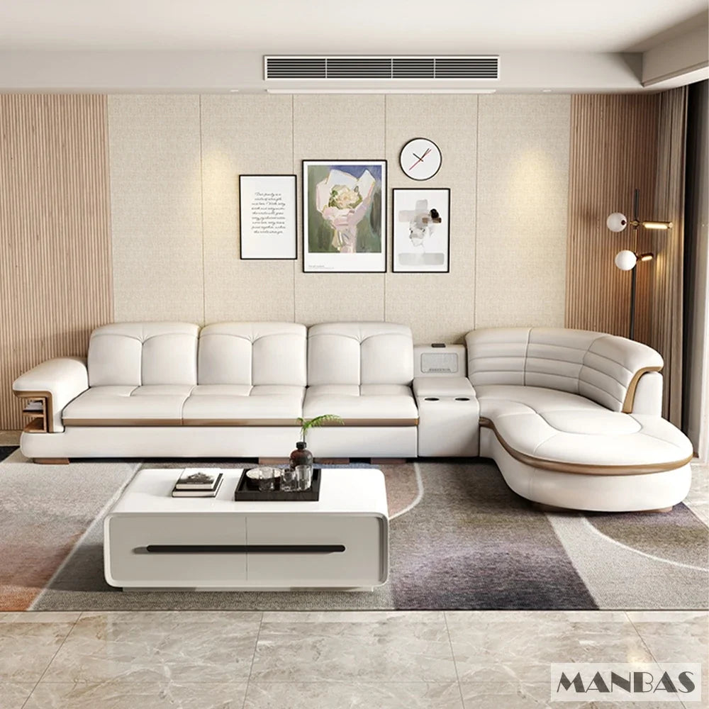 Luxury L-Shaped Genuine Leather Sectional Sofa Sets with USB, Bluetooth Speaker - MANBAS 9037B-1