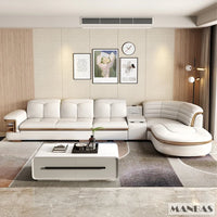 Luxury L-Shaped Genuine Leather Sectional Sofa Sets with USB, Bluetooth Speaker - MANBAS Living Room Italian Leather Couches