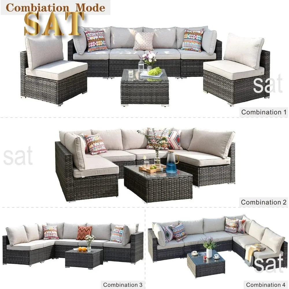 K 7-piece Outdoor Terrace Segmented Sofa Gray PE Wicker Furniture Dialogue Set Outdoor Sessions Gardens Sets Garden Patio