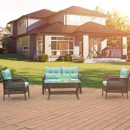 # New Arrival 4-Piece Rattan Patio Conversation Set With Blue Cushions