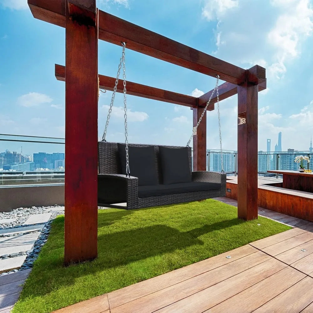 Outdoor Wicker Swing Bench for Two with Cushions, Durable Patio Hanging Rattan Seat, Comfortable Backyard Swing Chair