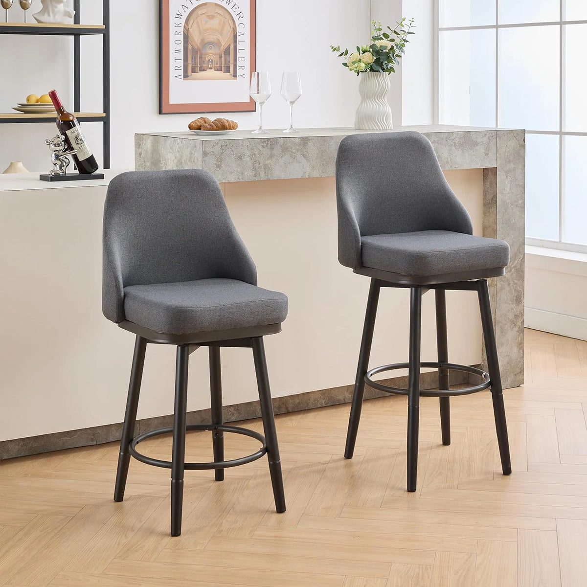 2PCS Chenille  Adjustable Height Swivel Bar Stools with Back, Modern Tall Barstools For Kitchen Island, Dining Room, Cafe