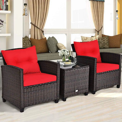 NEW-3 Pieces Patio Furniture Set, PE Rattan Wicker 3 Pcs Outdoor Sofa Set w/Washable Cushion and Tempered Glass Tabletop, (Red)