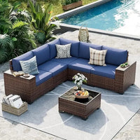 6-Piece Outdoor Wicker Sectional Sofa Set with 8-Inch Armrests, Waterproof Cover, and Coffee Table for Garden and Patio