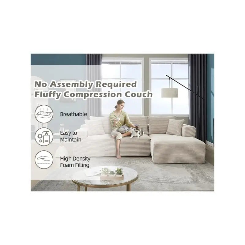 Modular Sectional Sofa Couch L-Shaped 3-Seater with Memory Foam, Cloud Couch and Oversized Chaise, Beige Stripe, Right-Facing