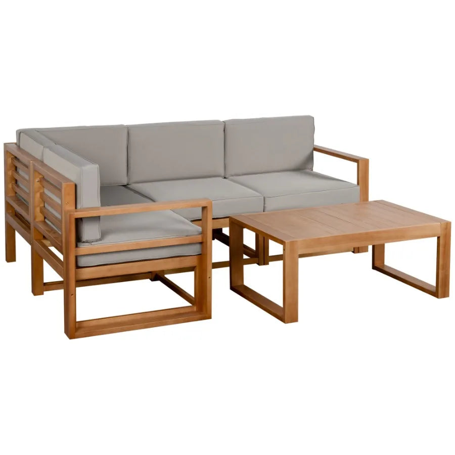 5 Seater L Shaped Patio Furniture Set Wood Outdoor Sectional Sofa Conversation Set with Coffee Table and Cushions for Garden G