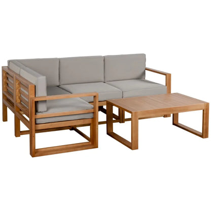 5 Seater L Shaped Patio Furniture Set Wood Outdoor Sectional Sofa Conversation Set with Coffee Table and Cushions for Garden G