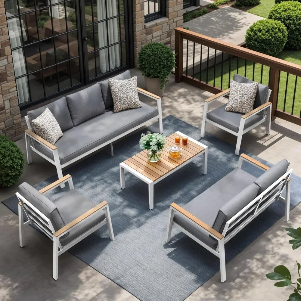 Patio Furniture Set 5 Pieces with Teak Coffee Table & Cushion, Outdoor Patio Furniture Sectional Patio Sofa