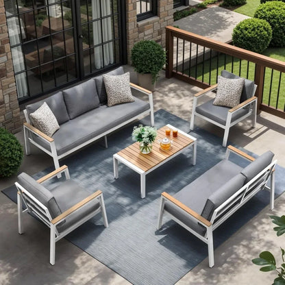 Patio Furniture Set 5 Pieces with Teak Coffee Table & Cushion, Outdoor Patio Furniture Sectional Patio Sofa