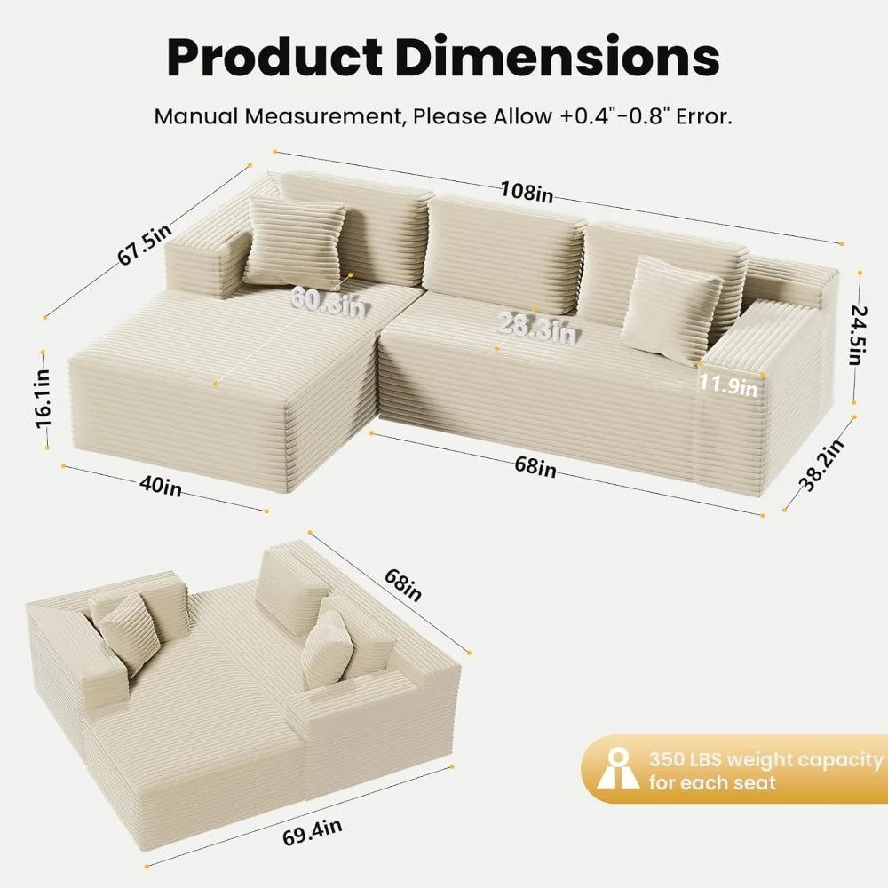 108" Cloud Sectional Couch Sofa with L-Shape Chaise, Modular Sectional Couch with Deep Seat for Living Room Bedroom