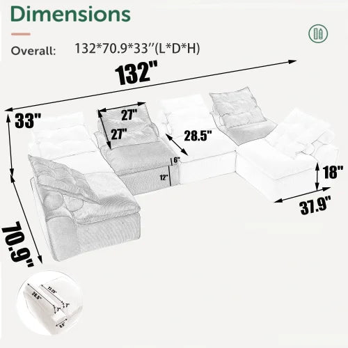 Modular black sofa with 6 seats, no armrests, DIY at will, corduroy fabric, neck pillow, rear porch sofa chair