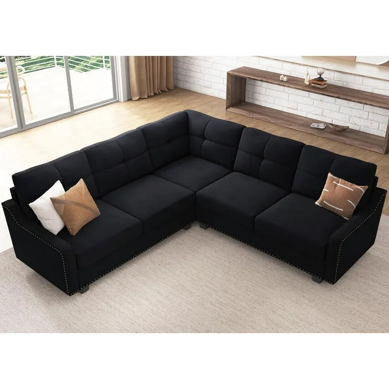 Convertible L-Shaped Sectional Sofa, Reversible Velvet Couch for Small Apartment Living Room, Black