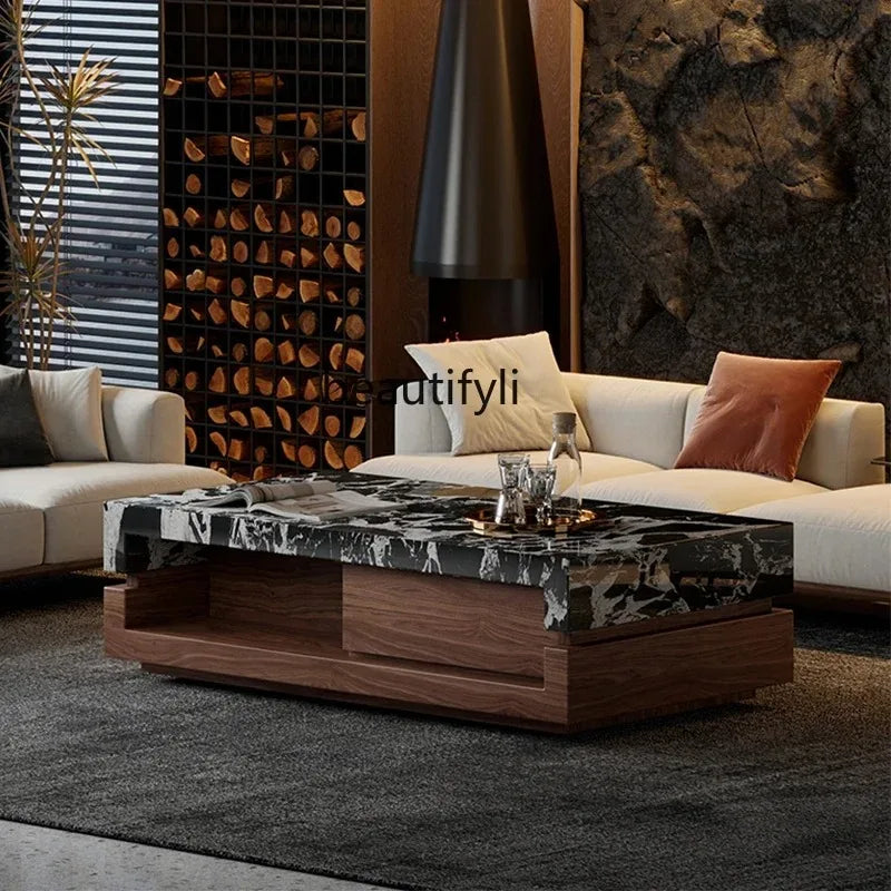 a163  Bulgari black marble luxury stone coffee table living room new walnut light luxury high sense