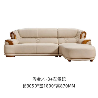 New Chinese leather sofa first layer cowhide ebony wood Italian light luxury sofa living room combination U solid wood furniture
