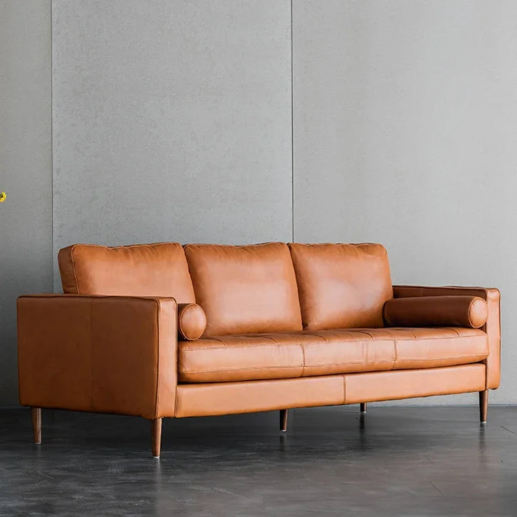 for Mid Century Modern Genuine Leather 3 Seat Sofa Home Furniture Vintage Wood Leg Sofa Living Room Sofas Set
