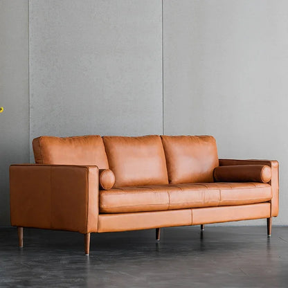 for Mid Century Modern Genuine Leather 3 Seat Sofa Home Furniture Vintage Wood Leg Sofa Living Room Sofas Set