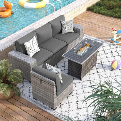 gray wicker outdoor patio furniture set with fire pit and thick cushions