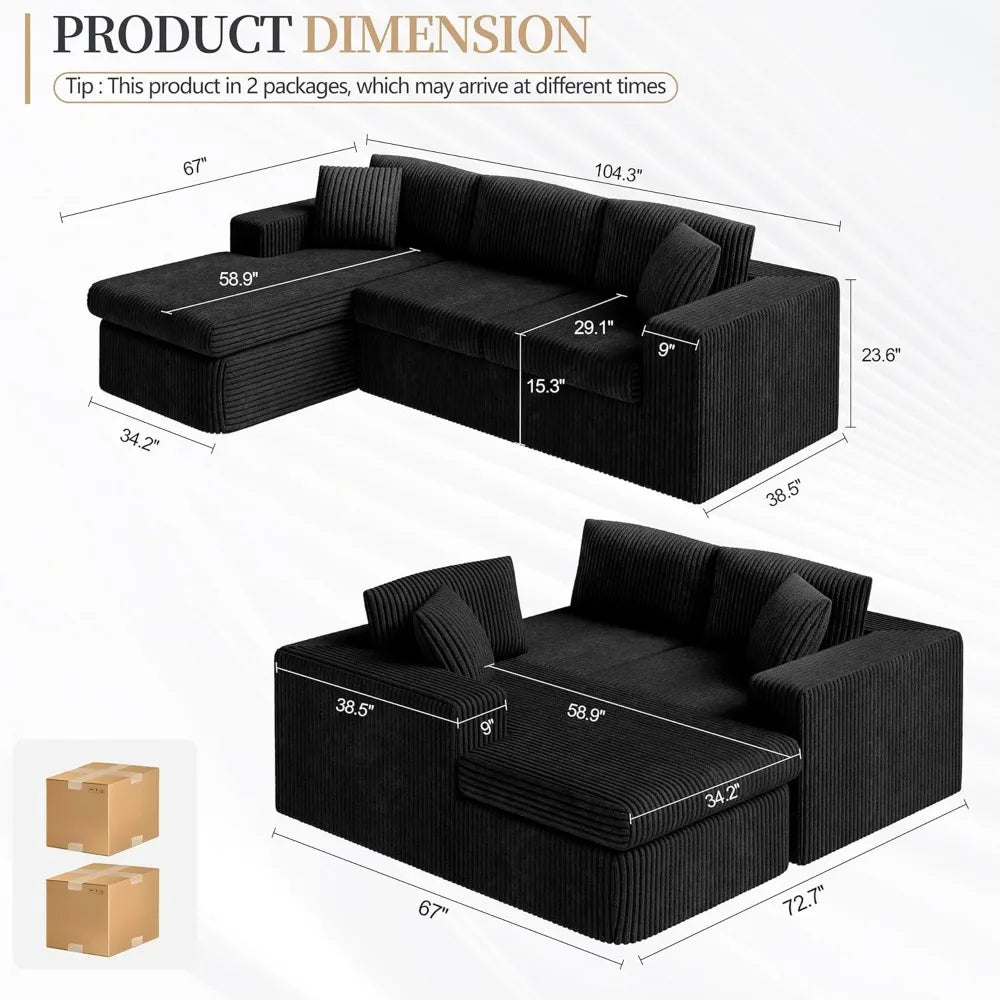 105 Boneless Couches for Living Room, Sectional Couches Modular Sofa with L-Shaped Chaise, Memory Foam Comfy Cloud Cou
