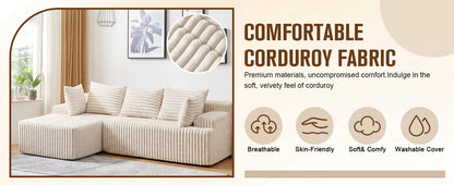 Redlife L-Shape Corduroy Sectional Sofa,Cloud-Like Couch,Boneless Couches, No Assembly Required,Deep Seat, for Living Room