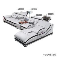 Linlamlim Luxury Genuine Leather Sectional Sofa with Adjustable Headrests, Projector, Speaker and Storage for Living Room Couch