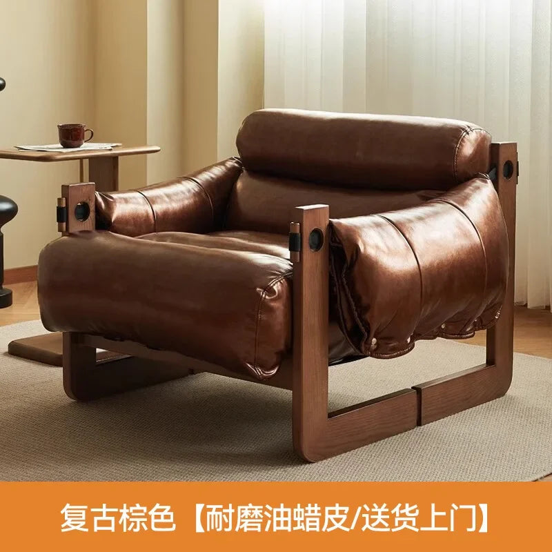 Leisure Chair in Ancient Oil Wax Leather Single Sofa Home Recliner Chairs for Bedroom