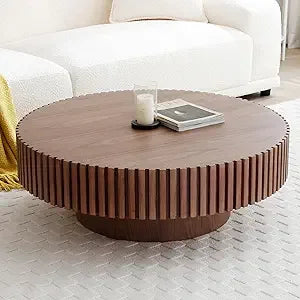 Modern Wooden Round Coffee Table with Storage, Solid Wood Veneer Accent Table for Living Room