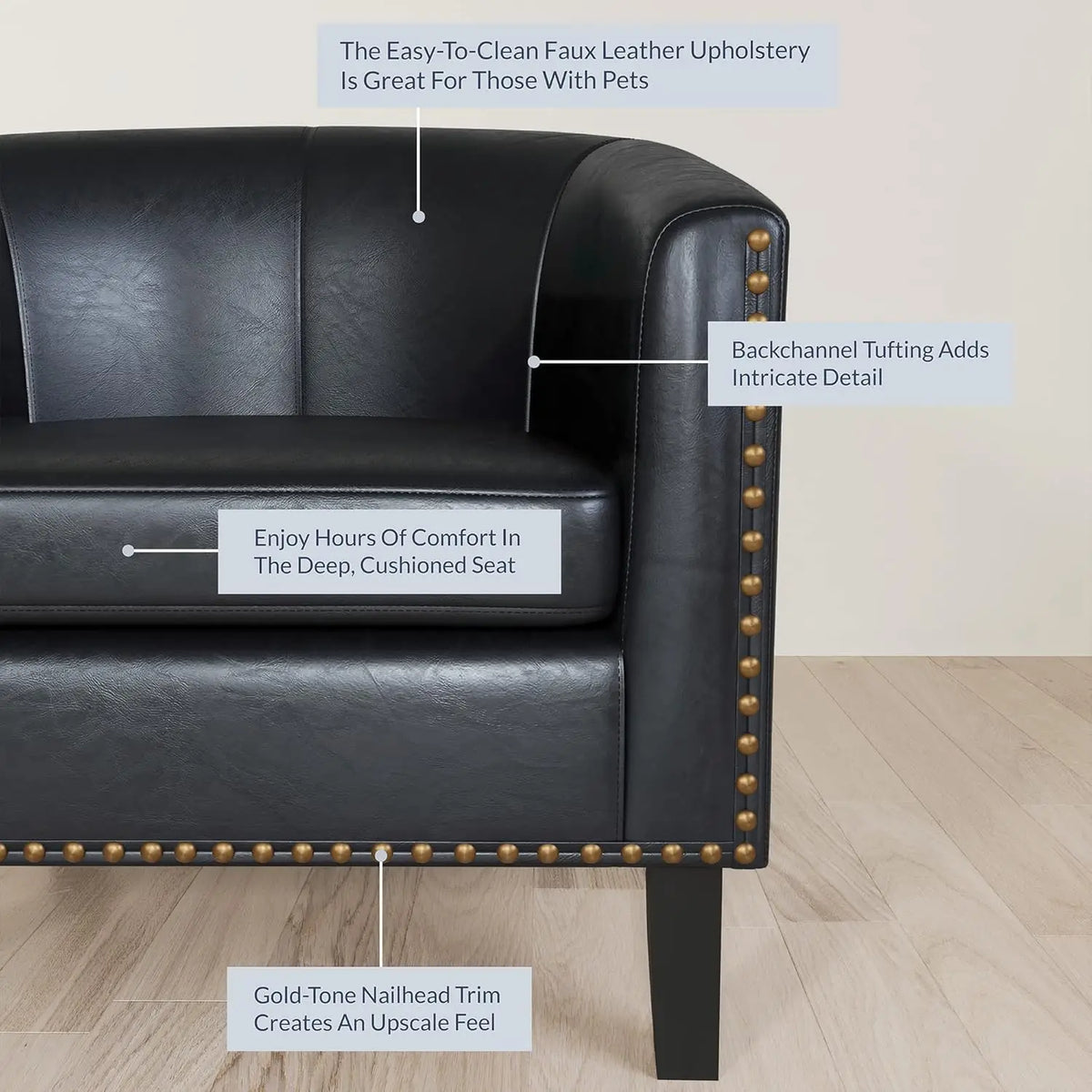 Modern Faux Leather Tub Club Chair, Upholstered Armchair with Gold Nailhead Accents and Black Legs