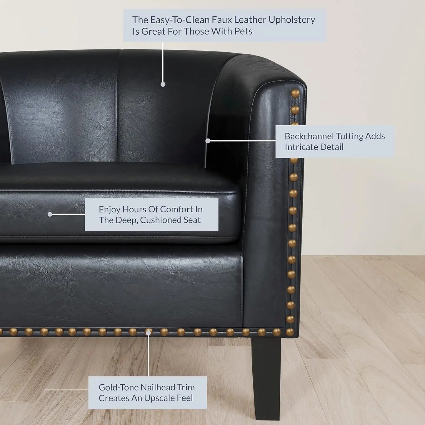 Modern Faux Leather Tub Club Chair, Upholstered Armchair with Gold Nailhead Accents and Black Legs