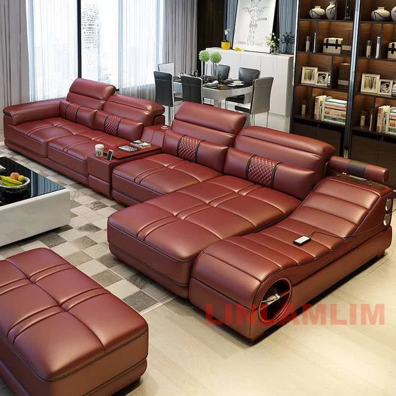 MINGDIBAO Modern Luxury Sectional Sofa Set with Chaise Lounge – Italian Genuine Leather Couch with Speakers, USB Port & Storage
