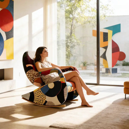 tyModern Patchwork Fabric Rocking Chair With Footrest Upholstered Accent Lounge Armchair for Living Room Bedroom Furniture@