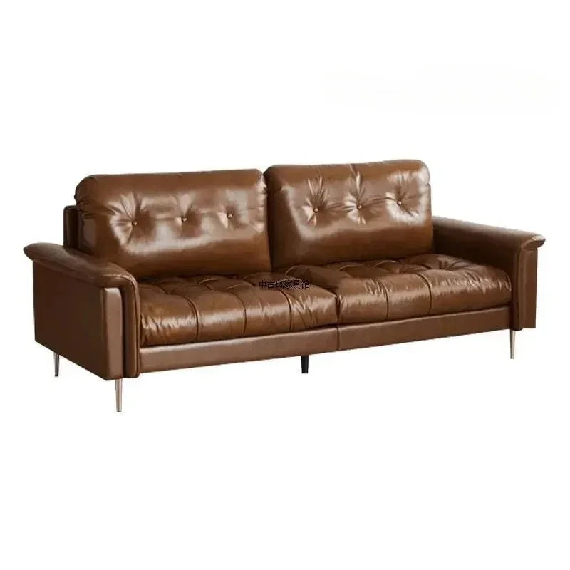 TTTTMedieval Oil Wax Leather Creative Sofa Living Room Retro Old Caramel Color Large Straight Row Sofa