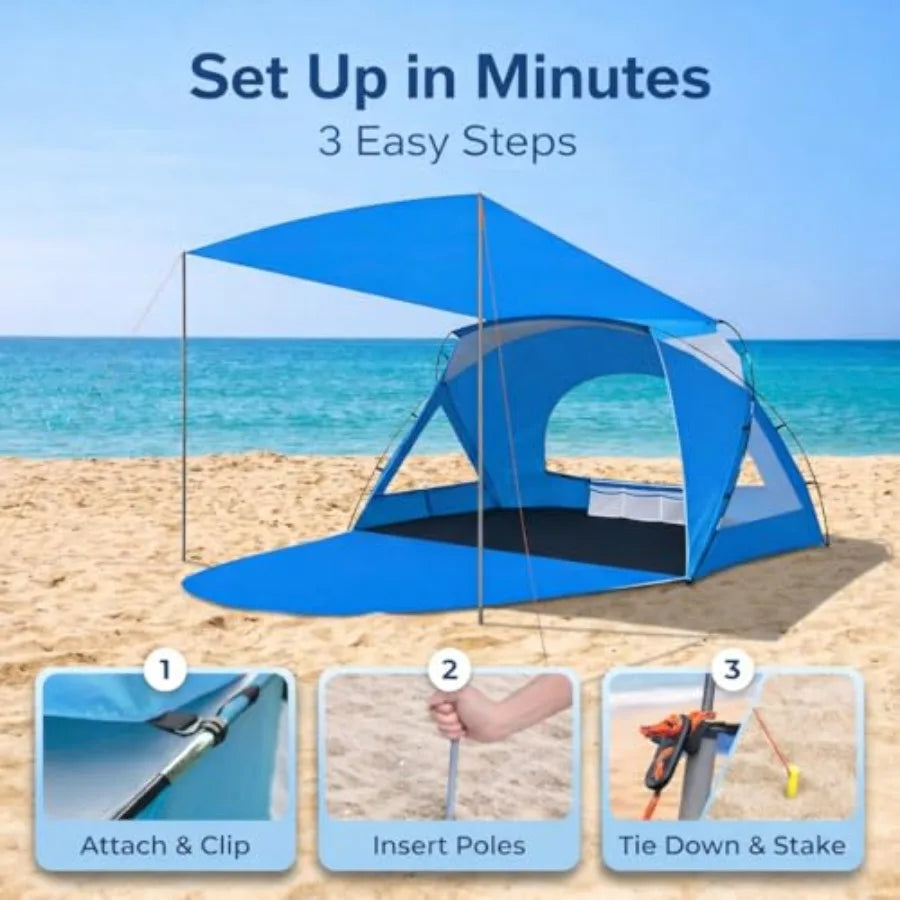 Beach Tent, Portable Sun Shelter for 3 Person with UPF 50+ UV Protection, Easy Setup Waterproof Beach Shade Canopy Cabana for Fa