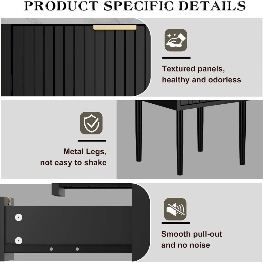 Black Marble Nightstands Set of 2 with Gold Handle, Striped Night Stand with Drawers, End Side Table with Faux Marble Top, 2 Dr