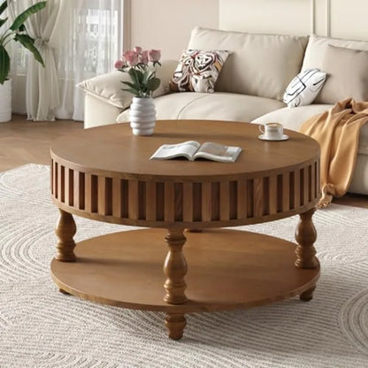 31.49'' Round Wood Coffee Table with Storage 2-Tier Circle Fluted Coffee Table in Walnut for Living Room Apartment Office with