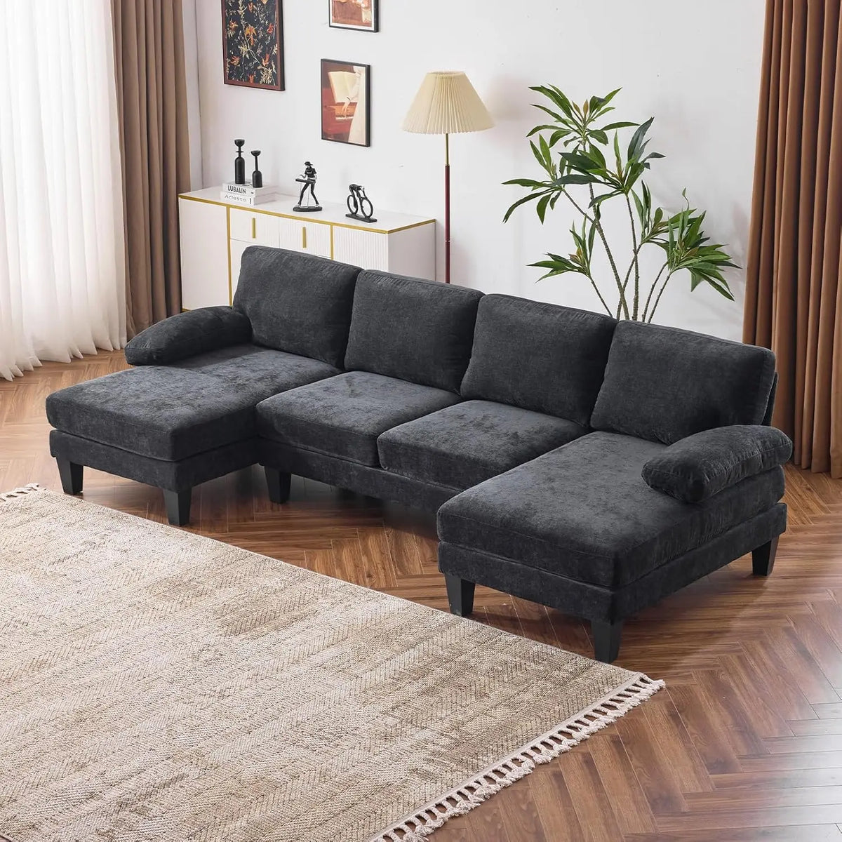 Living Room Sectional Sofa, U Shaped Sofa with Double Chaise Longue
