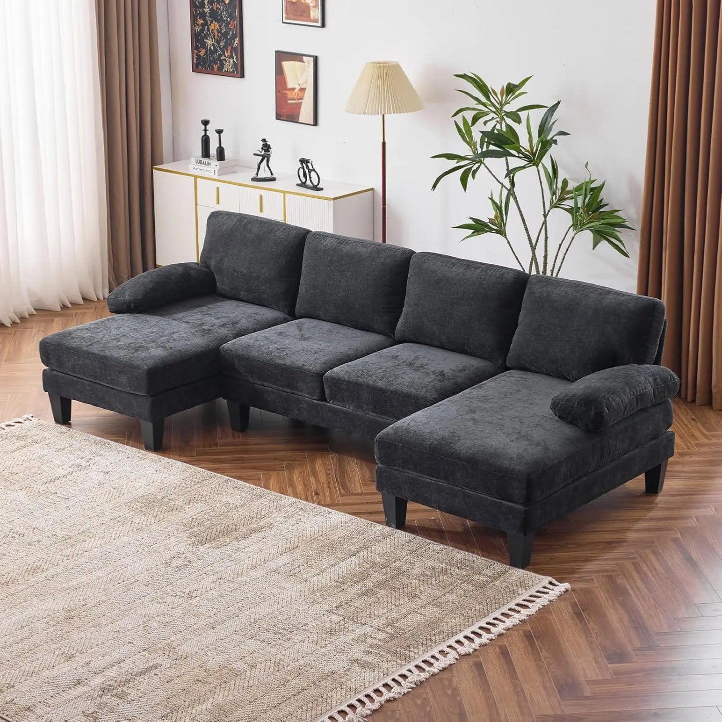 Living Room Sectional Sofa, U Shaped Sofa with Double Chaise Longue