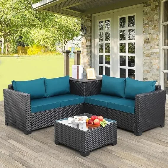 Outdoor Patio Furniture Set 4 Piece， Brown Rattan Sectional Sofa Couch PE Wicker Conversation Sets with Storage Box Glass Top Ta